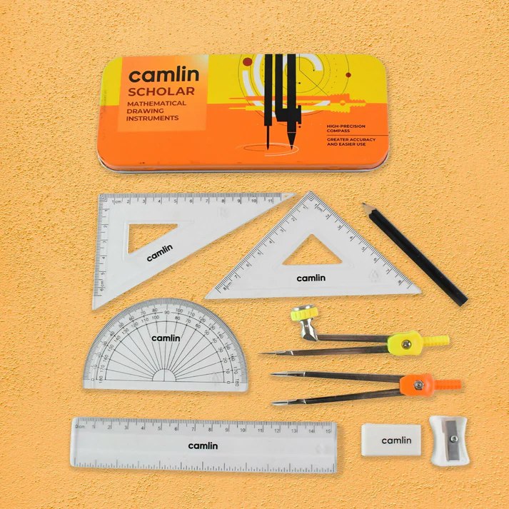 Camlin Scholar Mathematical Instruments Geometry Box – Complete Exam Set (Compass, Protractor, Set Squares, Sharpener, Eraser)