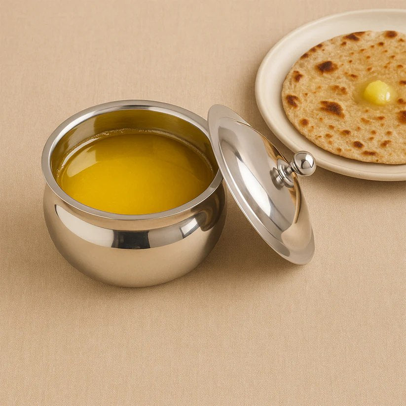Stainless Steel Ghee Pot with Lid and Serving Spoon, 2-Piece Set