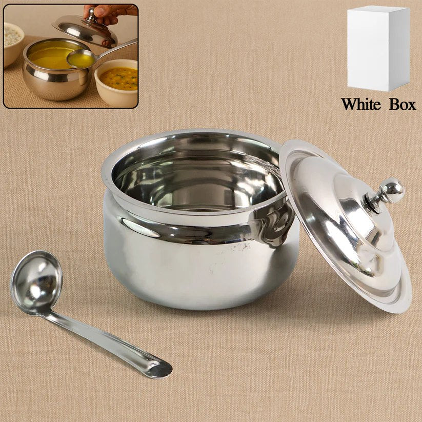 Stainless Steel Ghee Pot with Lid and Serving Spoon, 2-Piece Set
